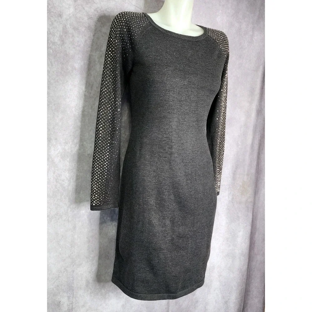Calvin Klein Sweater Dress Womens Small Gray Studded Sleeve Knit Sheath Mini